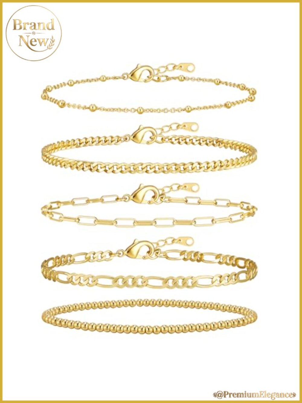 5 Piece Gold Plated Link Bracelet Set Stackable Waterproof Women's Jewelry